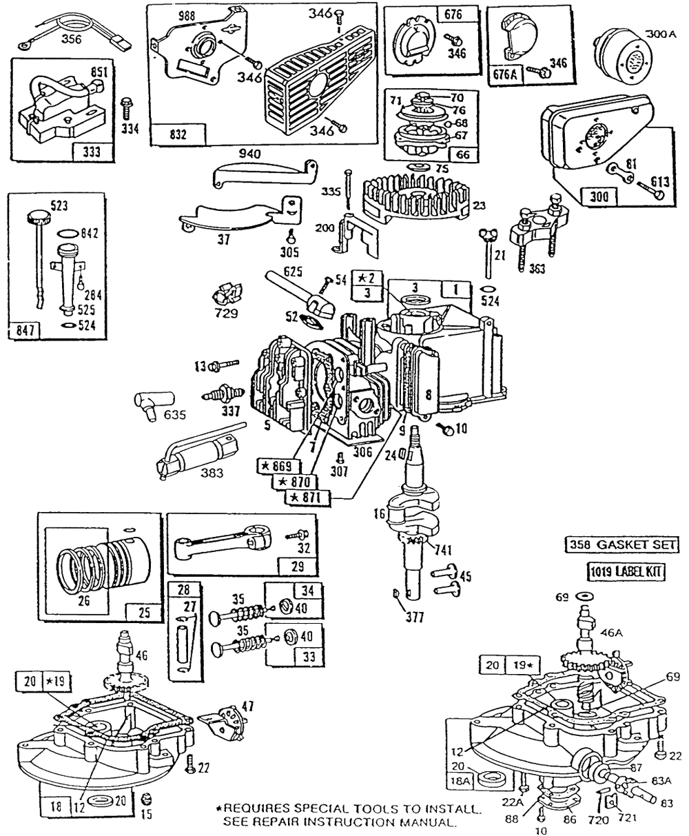 Cylinder,sumps,mufflers,misc Diagram and Parts List for 96582-3200-01  Briggs and Stratton Engine